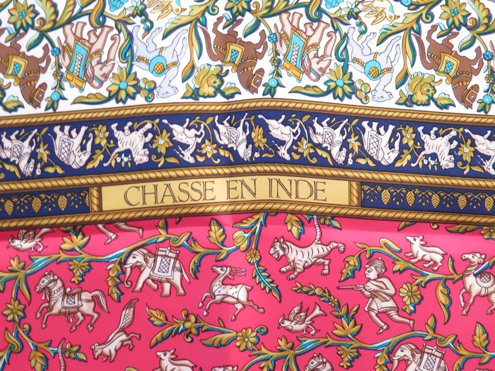 Foulard Carré Hermès 'Chasse En Inde' Par Michel Duchène - Soie Rose, Occasion